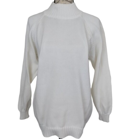 Vintage 80's | Scot Knit Cotton Hand Knit Turtleneck Sweater White | Size L - Picture 1 of 8